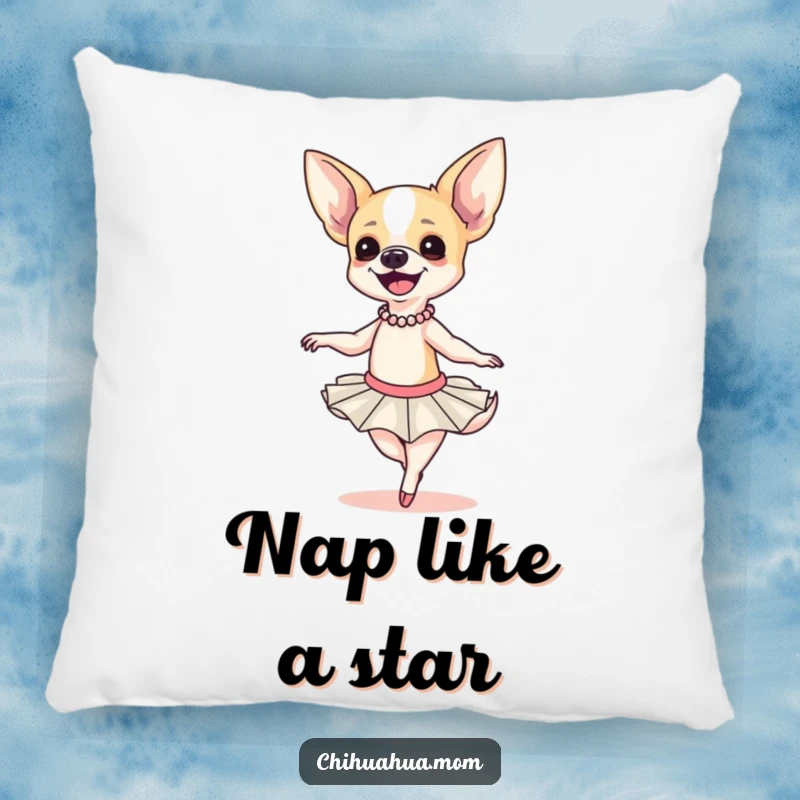 Funny Chihuahua Ballerina Pillow: A smiling chihuahua in a tutu attempts a clumsy twirl, soft and cuddly, cute gift.
