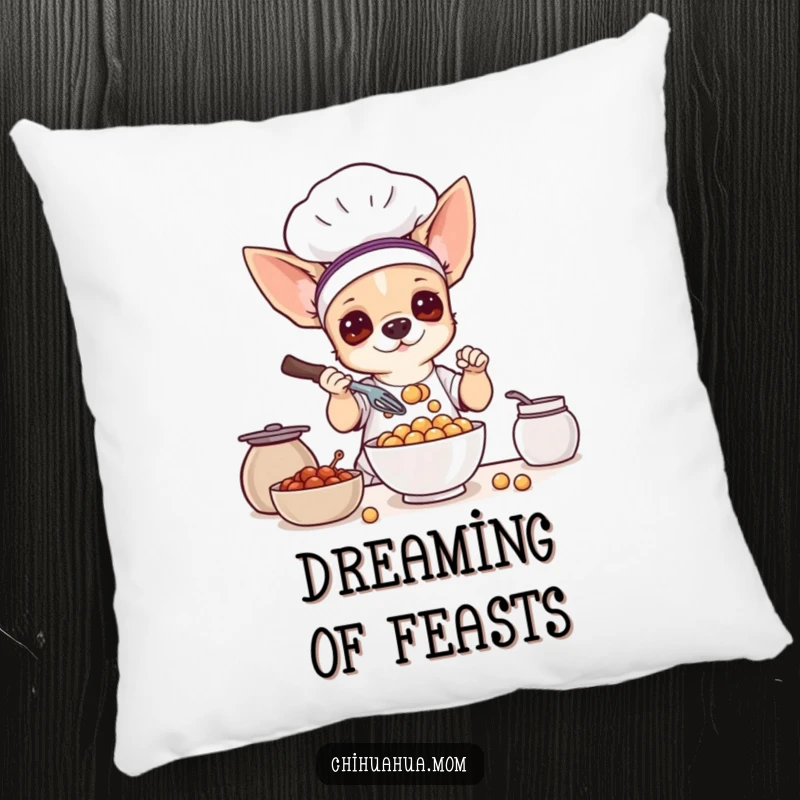 Funny decorative pillow: a chihuahua dog dressed as a chef, whisking a bowl of tiny treats.