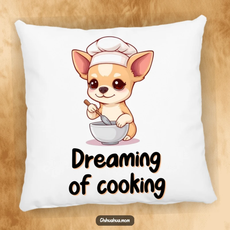 Funny Chihuahua Pillow, a chihuahua chef stirs a tiny bowl, providing comfort and a humorous culinary touch to any room.