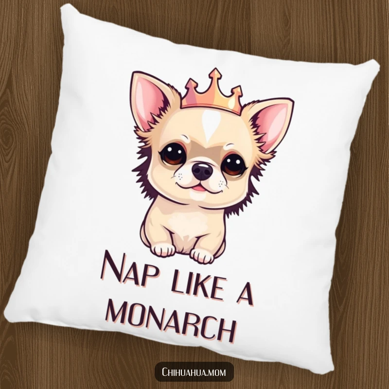 Funny Chihuahua pillow with a perfectly manicured chihuahua sitting regally, wearing a tiny crown, looking utterly pampered.
