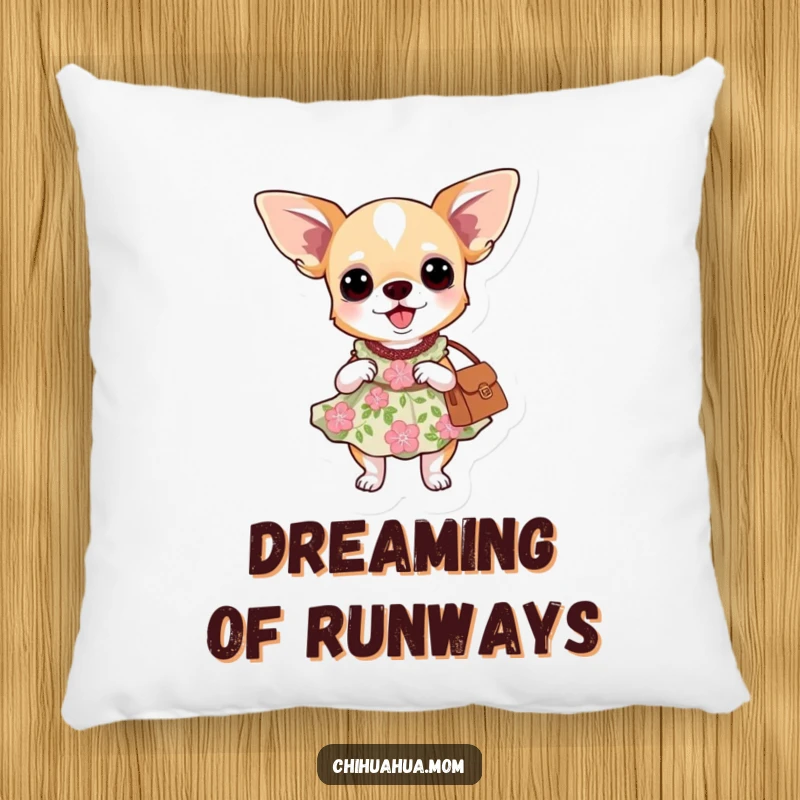 Funny decorative pillow: a chihuahua dog wearing a floral dress and holding a purse.