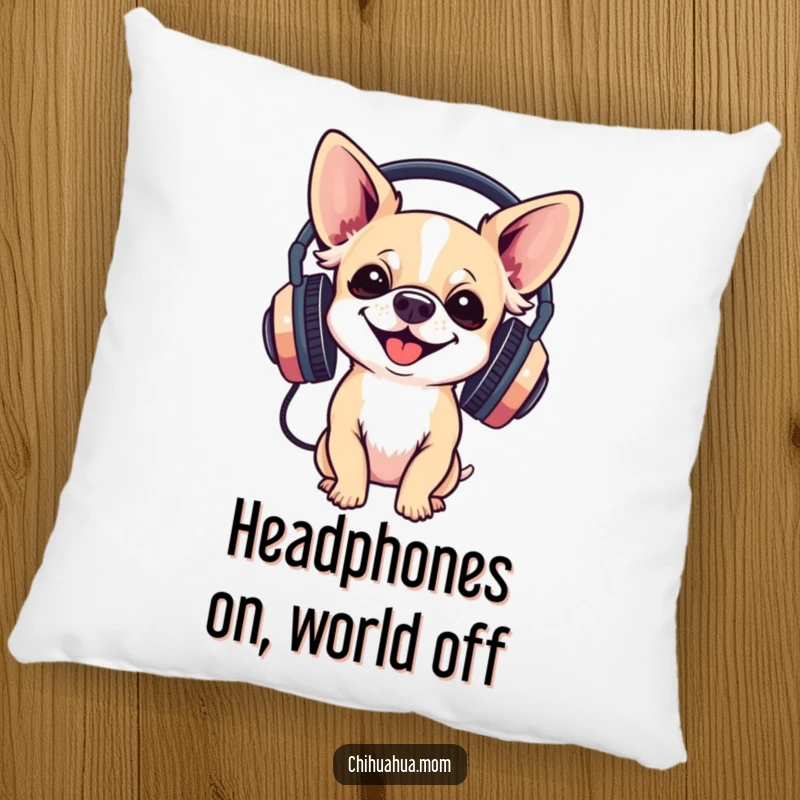 Funny Pillow: a chihuahua gleefully wearing large headphones, offering a humorous and comfortable accent for any room.