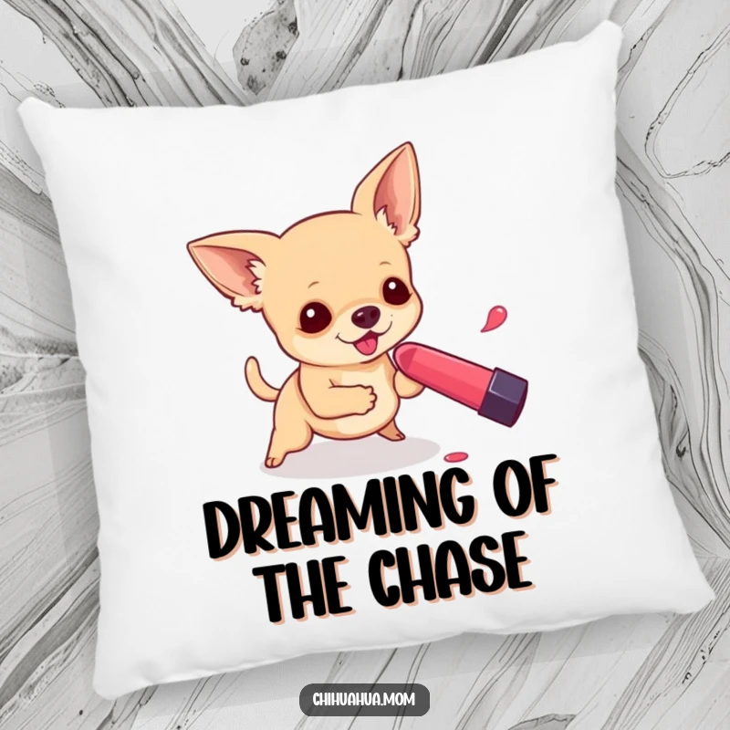 Funny decorative pillow featuring a chihuahua playfully chasing a rolling lipstick, soft and amusing.