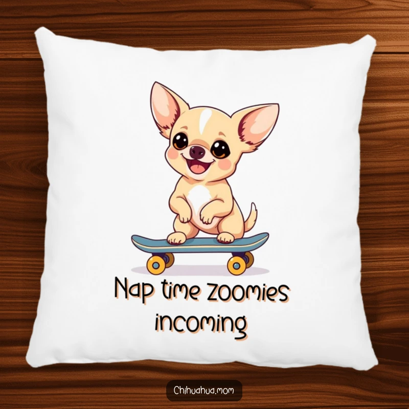 Funny Chihuahua Skateboarder Pillow showcasing a happy chihuahua riding a tiny skateboard, perfect for adding a humorous touch.