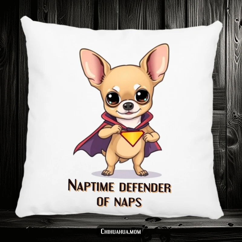 Funny Chihuahua Superhero Pillow featuring a cute chihuahua in a superhero cape, perfect for adding funny comfort to any space.