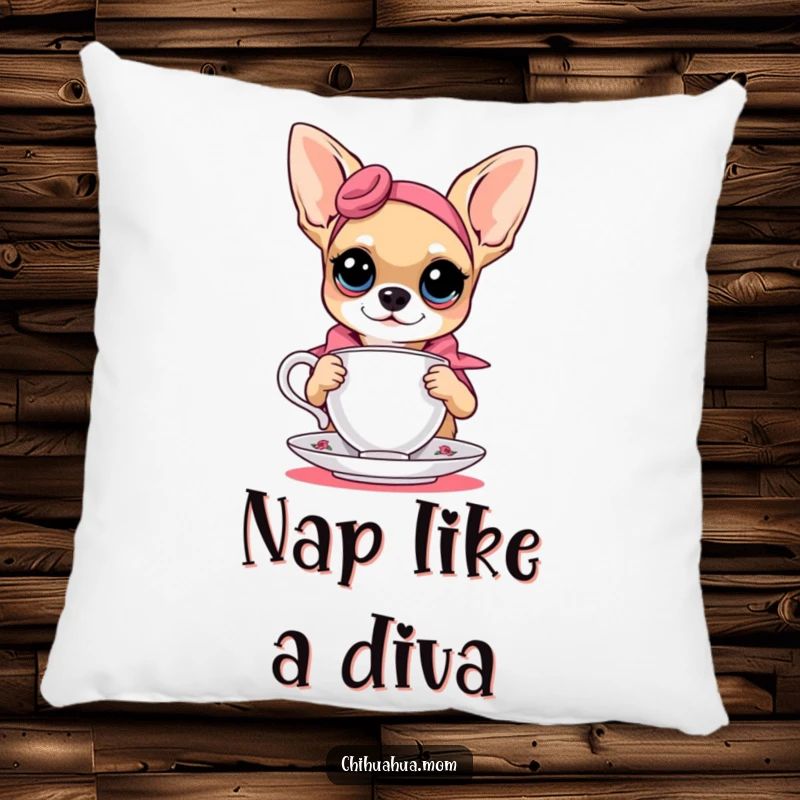 Funny chihuahua in a fashionable pose with a teacup, designed for a soft and humorous throw pillow.