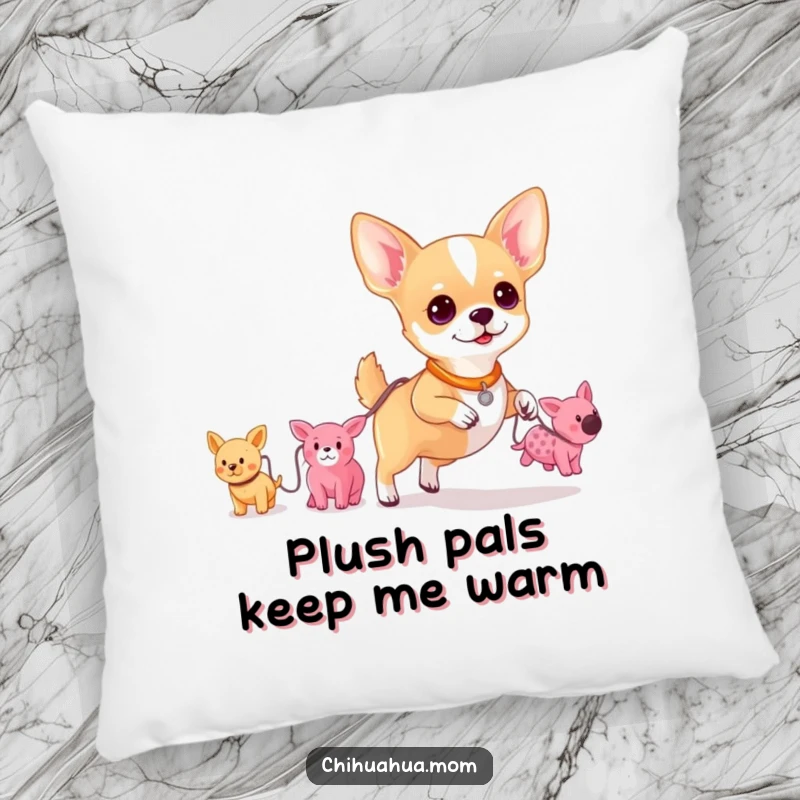 Funny pillow depicting a small chihuahua holding a leash attached to a line of adorable plush toys, creating a whimsical scene.