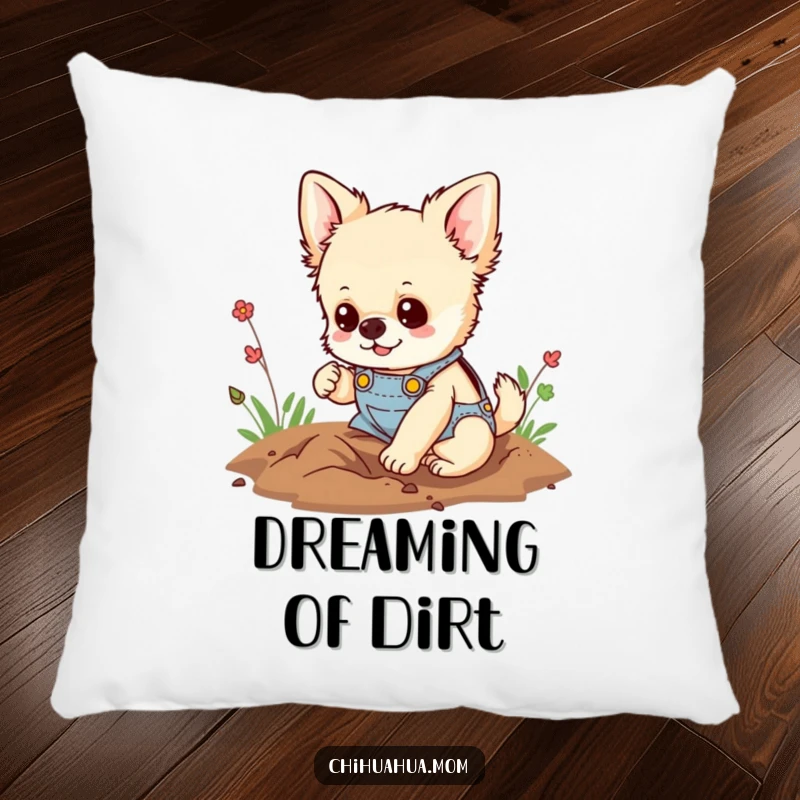 Funny pillow featuring a fluffy chihuahua in tiny overalls, happily digging a hole, providing comfort and a determined, playful touch.