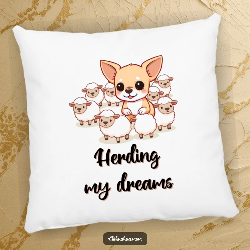 Funny determined chihuahua herding tiny sheep on a soft and humorous pillow.