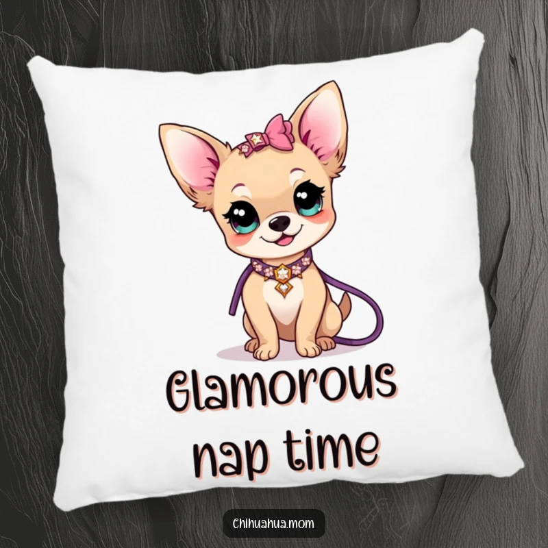 Funny kawaii chihuahua lady character lounging with a sparkly collar and leash on a soft, humorous decorative pillow.