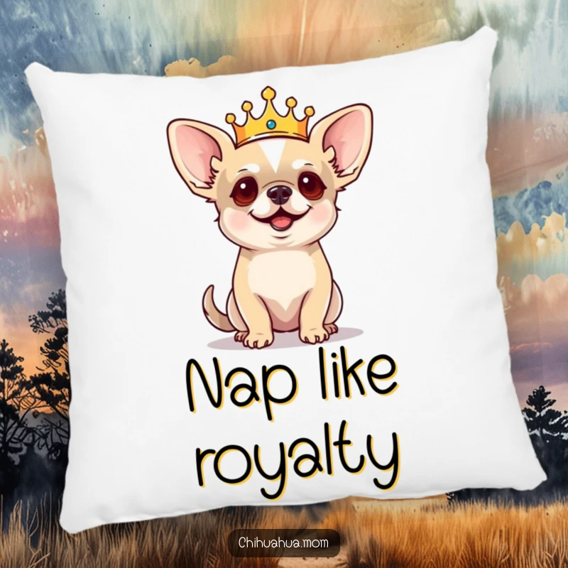 Funny Chihuahua Pillow: Tiny crowned dog barking commands with regal sass, cozy home decor, humorous pet pillow.
