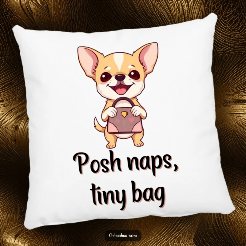 Funny Chihuahua Pillow: A chihuahua happily clutches a miniature designer handbag, exuding confidence. A chic funny gift.