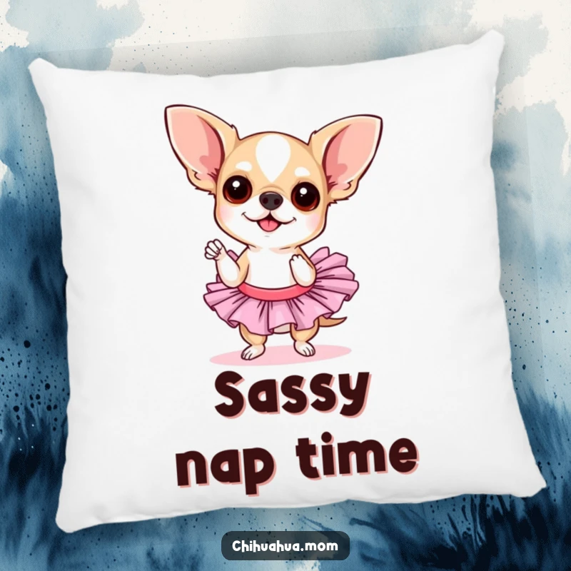 Funny chihuahua tutu pillow. A chihuahua in a tutu strikes a sassy pose, offering cozy comfort and a charmingly theatrical decorative accent.