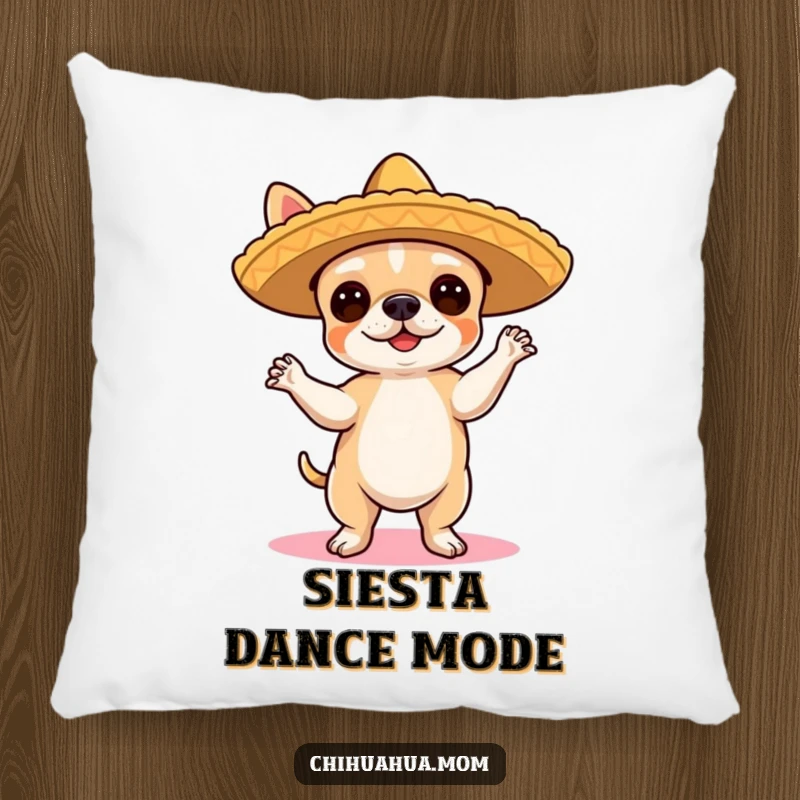 Funny Chihuahua Pillow: A cute chihuahua in a sombrero dances the flamenco, designed for comfort and a festive mood.