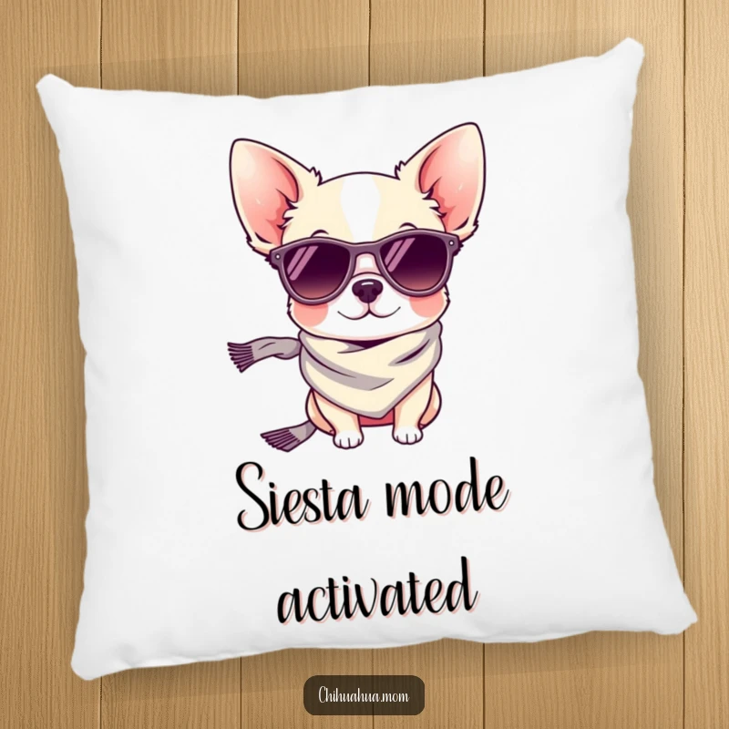 Funny decorative pillow: a tiny chihuahua dog wearing cool sunglasses and a stylish scarf.