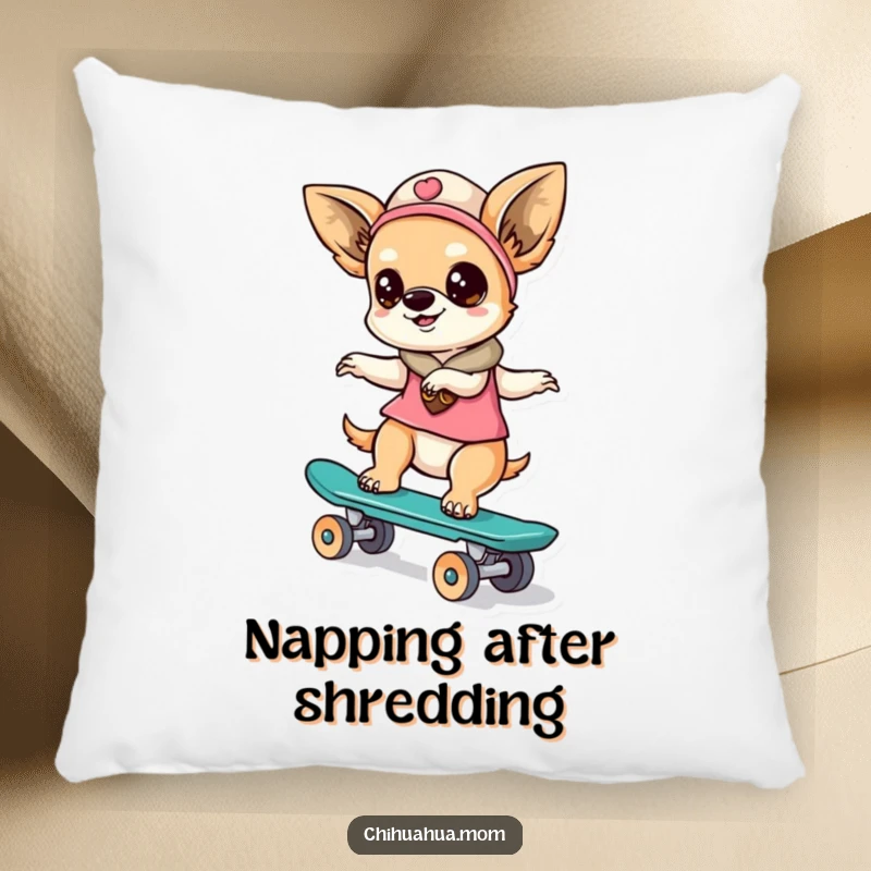 Funny kawaii chihuahua lady character resting after skateboarding on a tiny board, on a soft, humorous decorative pillow.