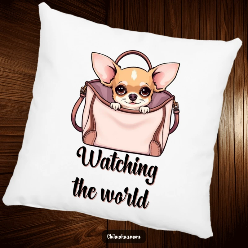 Funny Curious Chihuahua Pillow featuring a chihuahua peeking from a stylish handbag, bringing funny charm and comfort.
