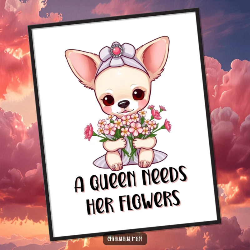 Funny pampered chihuahua lady digital art print of her receiving tiny flowers, perfect for adding instant floral charm and humor to decor.