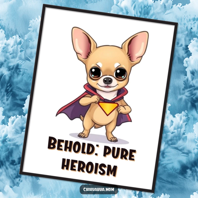 Funny Chihuahua Superhero Digital Art Print featuring a dynamic chihuahua in a cape, a perfect piece of funny heroic art.