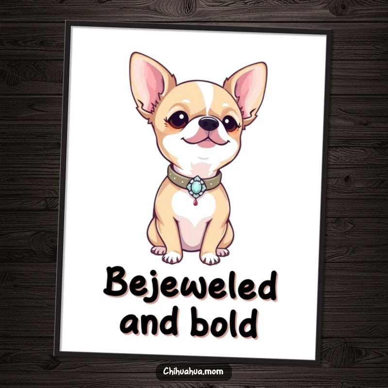 Funny proud chihuahua showing off a tiny, bejeweled collar, offered as a humorous digital art print.