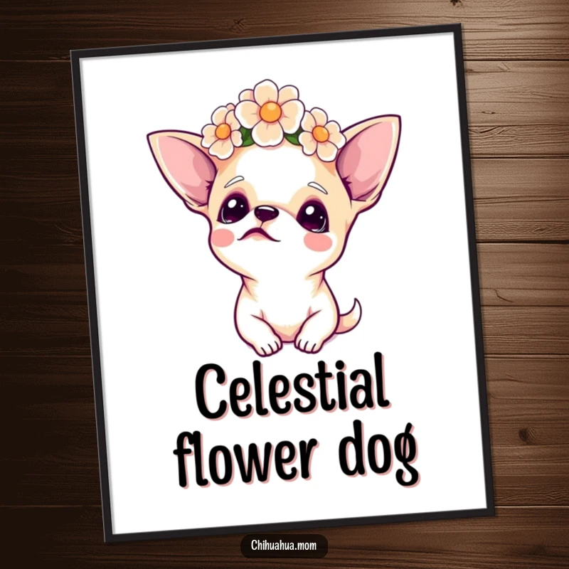 Funny Chihuahua Digital Art Print, a chihuahua adorned with a flower crown looks upwards peacefully, embodying serene, bohemian beauty.