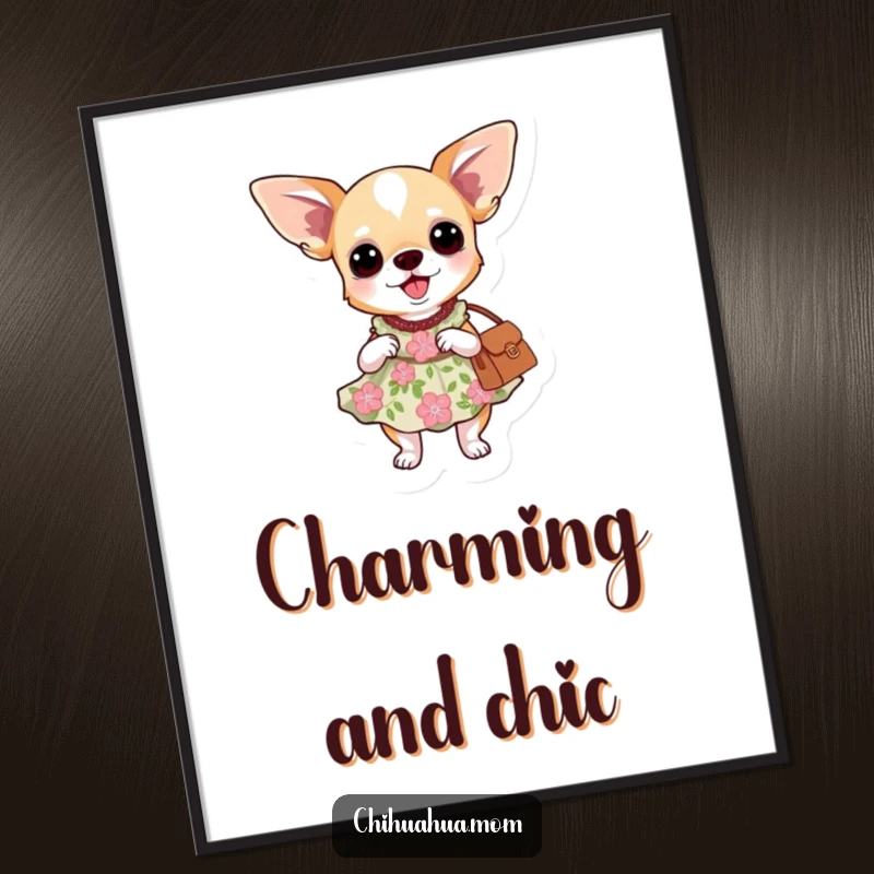 Funny digital art print: a chihuahua dog wearing a floral dress and carrying a purse.