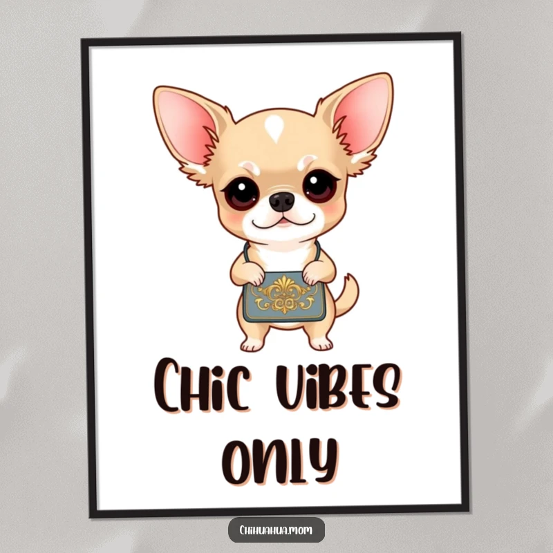 Funny Chihuahua Digital Art Print: A determined chihuahua carrying an ornate handbag with flair. Stylish and humorous artwork.