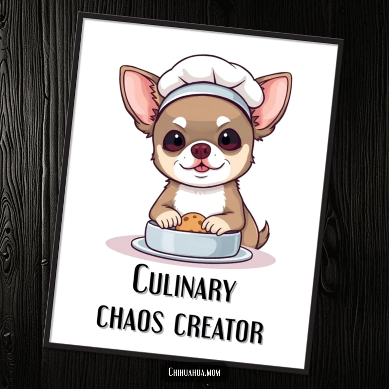 Funny Chef Chihuahua Digital Art Print: A dog in a chef hat bakes a cookie. High-res cute art.