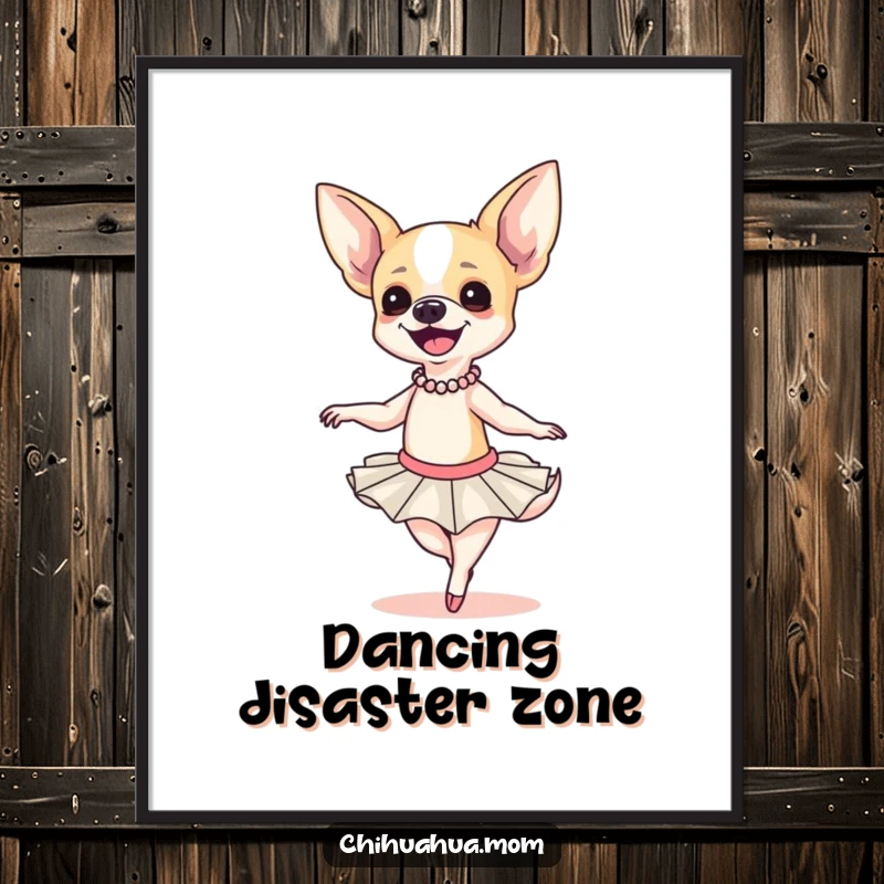 Funny Chihuahua Ballerina Digital Art Print: A smiling chihuahua in a tutu attempts a clumsy twirl, instant download, art.
