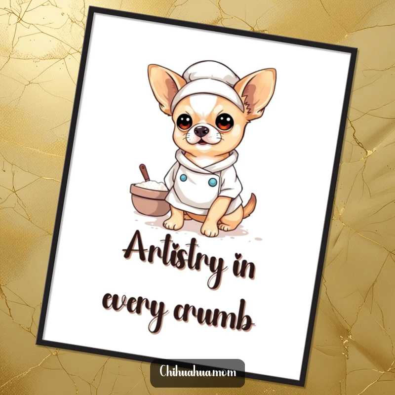 Funny Baker Chihuahua Digital Art Print of a cute chihuahua dusted with flour, ideal for funny kitchen wall art.
