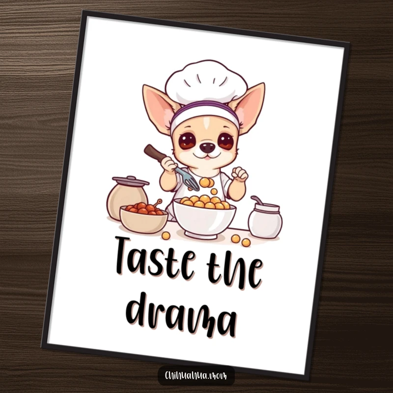 Funny digital art print: a chihuahua dog dressed as a chef, whisking a bowl of small treats.