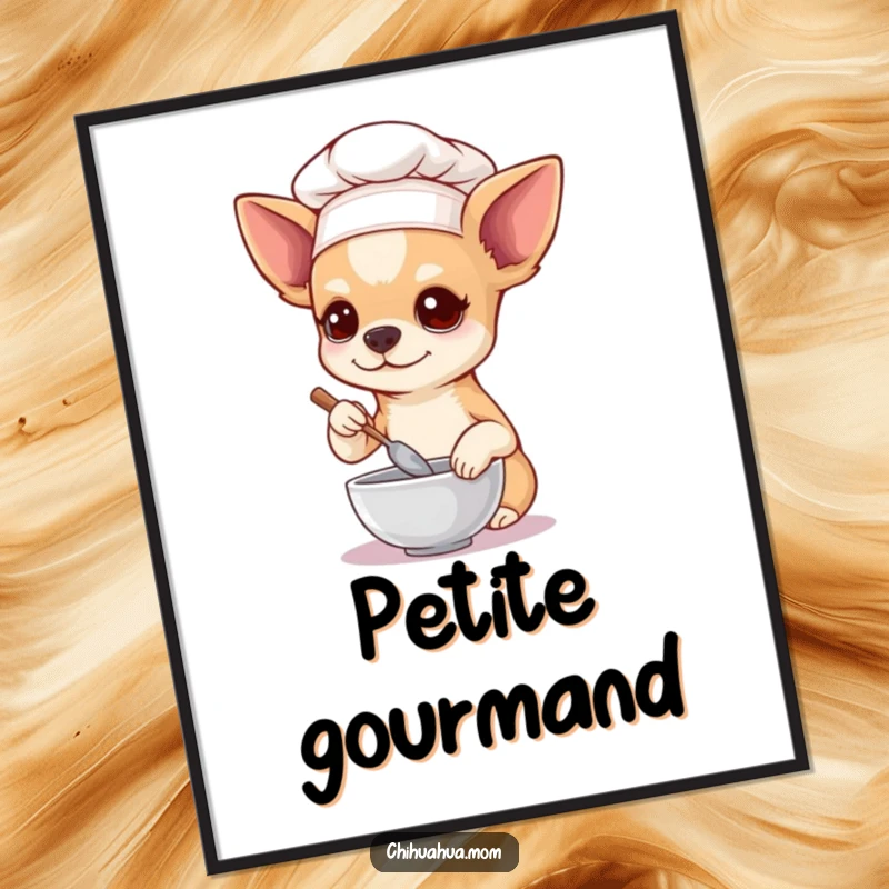 Funny Chihuahua Digital Art Print, a chihuahua chef stirring a tiny bowl, capturing a moment of miniature culinary dedication.