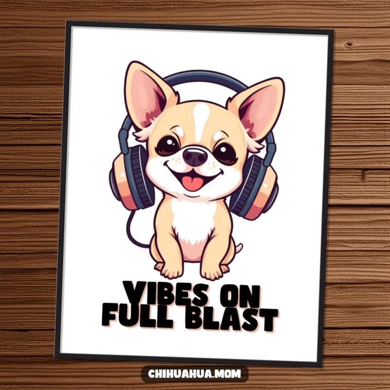Funny Digital Art Print: a chihuahua gleefully wearing large headphones, capturing a humorous and musical spirit.