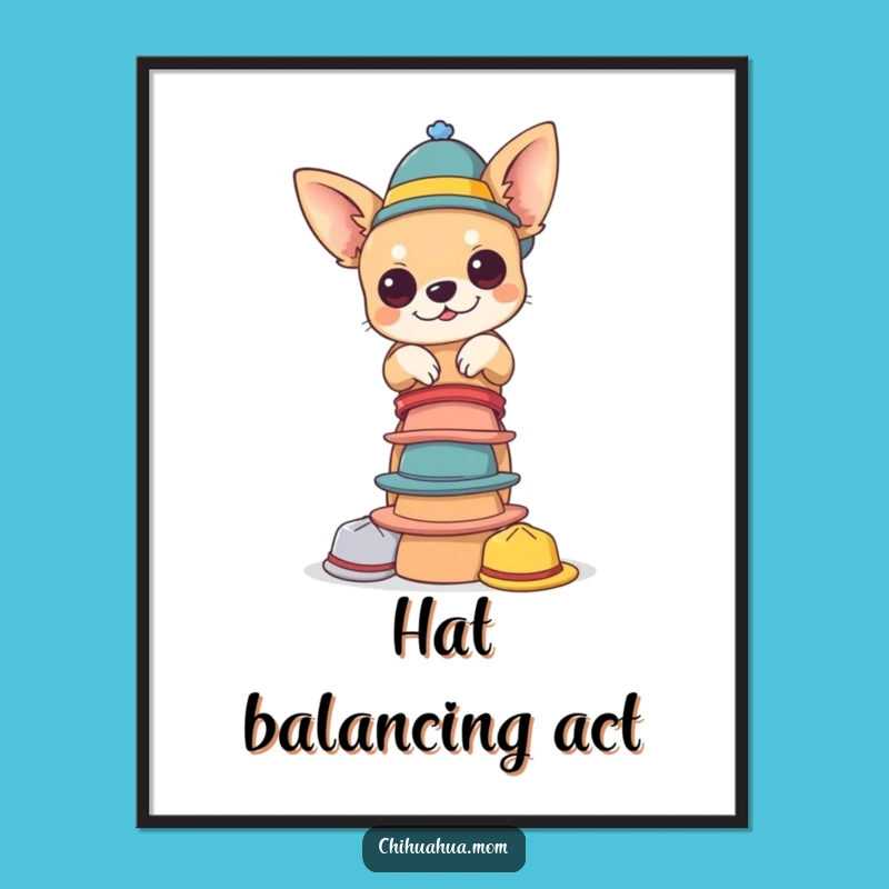 Decorate your space with delightful absurdity and canine charm using this funny digital art print of a chihuahua balancing tiny hats. A downloadable masterpiece of quirkiness.
