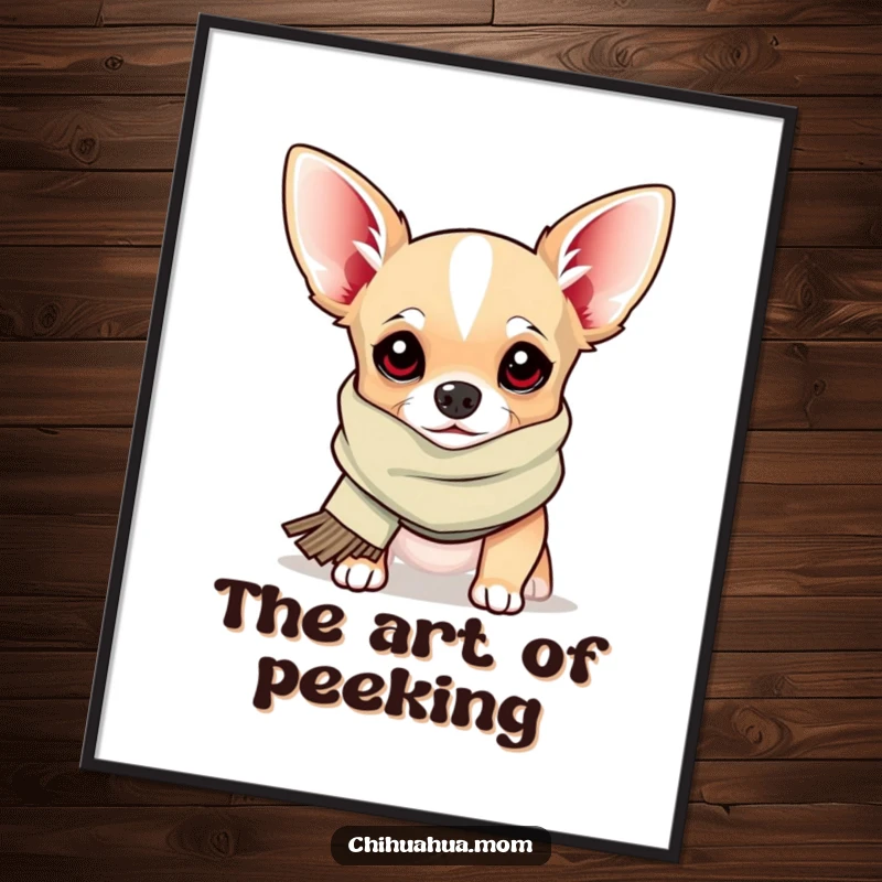 Funny Digital Art Print: a chihuahua in a silly scarf peeks out playfully, creating a humorous and charming visual.
