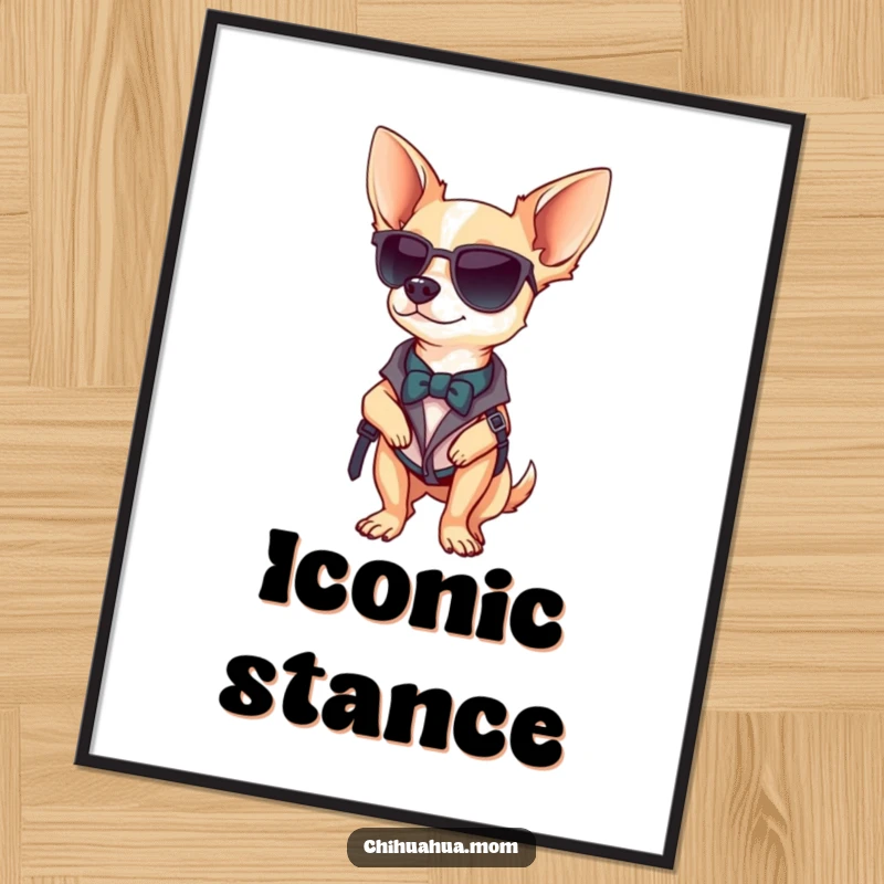 Funny digital art print of a chihuahua striking a confident pose with a fashionable accessory, radiating attitude and style.