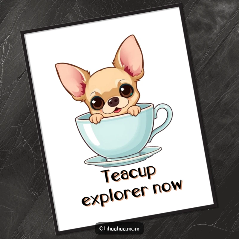 Funny Chihuahua Teacup Digital Art Print: A curious chihuahua peeks from a giant teacup with wide eyes, instant download, art.