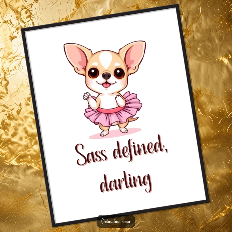 Funny chihuahua tutu digital art. A chihuahua wearing a tutu strikes a sassy pose, creating a humorous and theatrical piece of downloadable art.