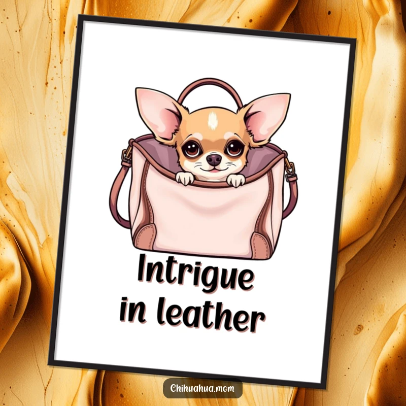 Funny Curious Chihuahua Digital Art Print of a chihuahua peeking from a fashionable handbag, ideal for funny, chic wall decor.
