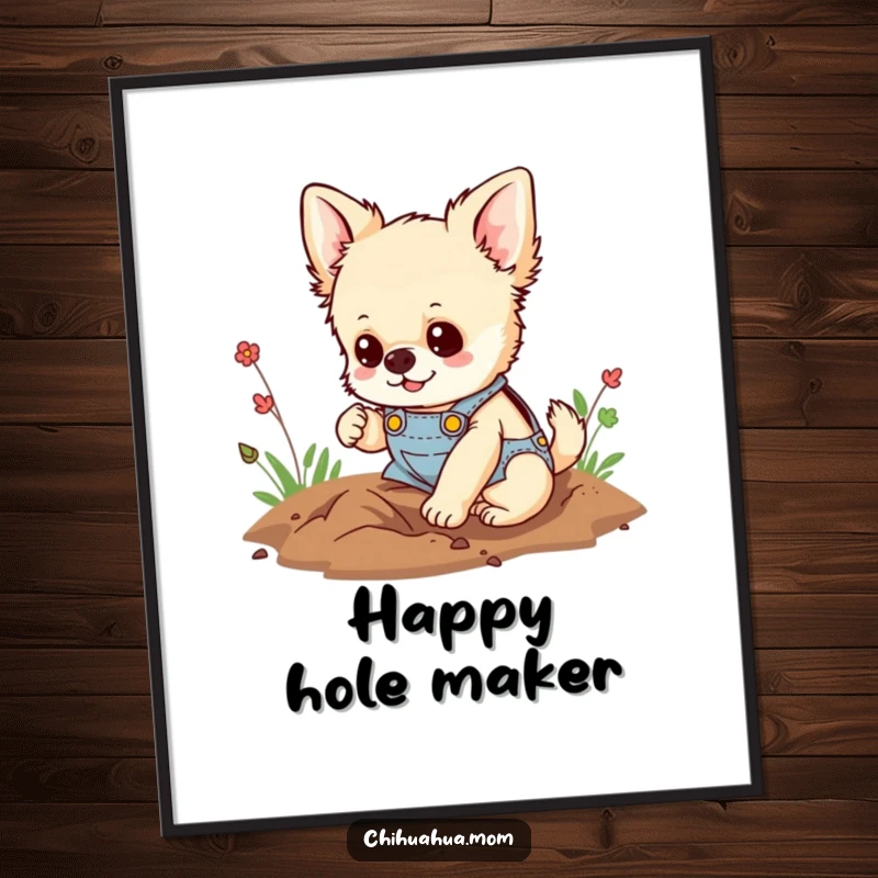 Funny digital art print of a fluffy chihuahua wearing tiny overalls, happily digging a hole, perfect for playful and determined wall decor.