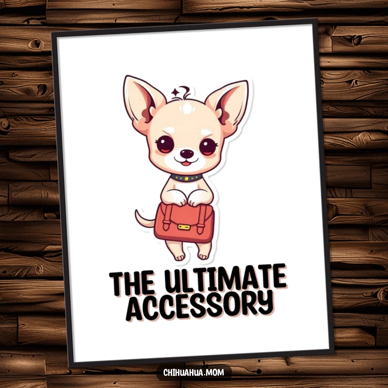 Funny Kawaii chihuahua lady digital art print showing a character in a stylish handbag, fashionable and cute.