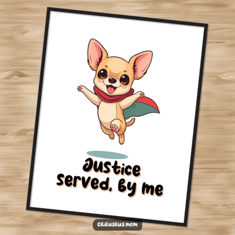 Funny Chihuahua Digital Art: Playful dog in superhero cape leaping heroically, energetic pet illustration, dynamic wall decor.