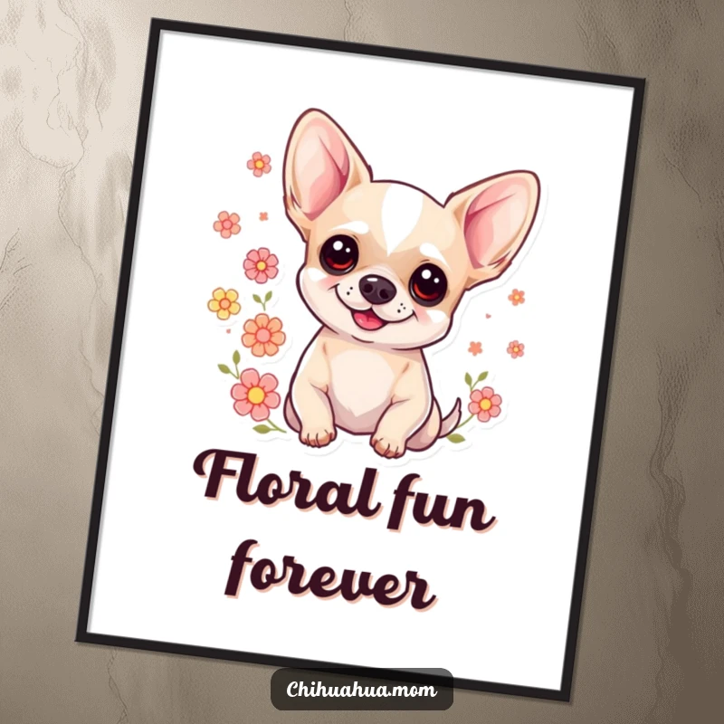 Funny Sweet Chihuahua Digital Art Print: A smiling chihuahua surrounded by lovely floating flowers. Adorable and humorous artwork.