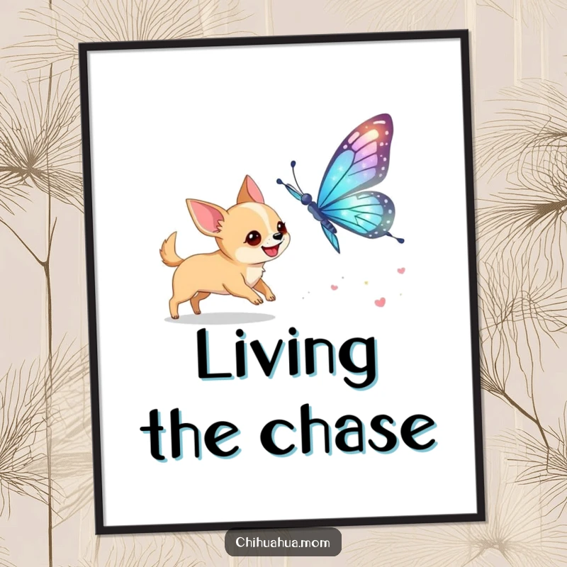 Funny Chihuahua Butterfly Digital Art Print: A dog excitedly chases a giant butterfly. High-res whimsical art.