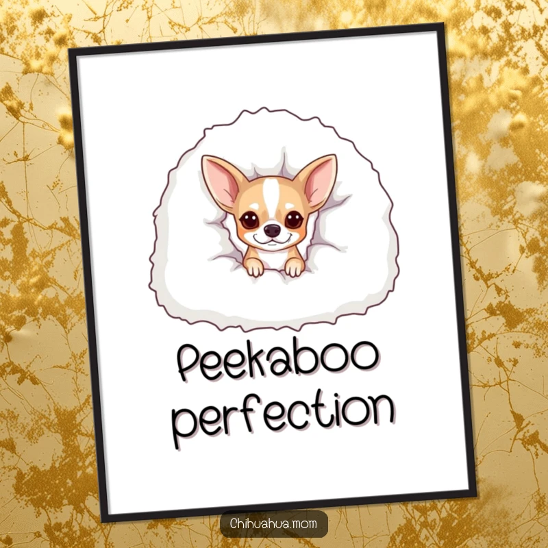 Funny Peekaboo Chihuahua Digital Art Print: A dog peeks from under a blanket. High-res cute art.