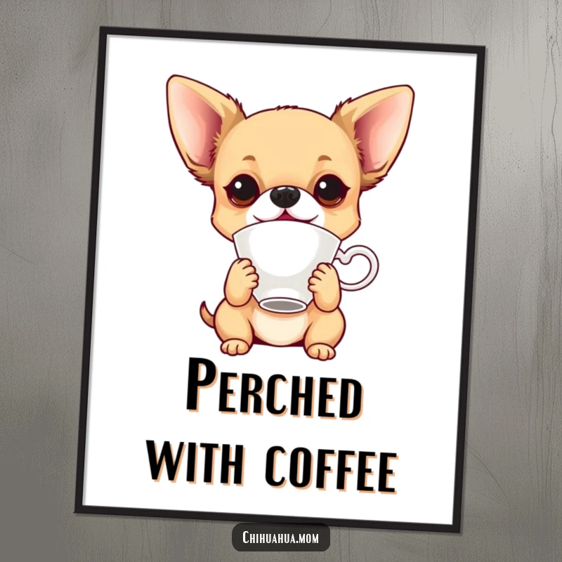 Funny playful chihuahua balancing a teacup on its nose, a high-quality digital art print.
