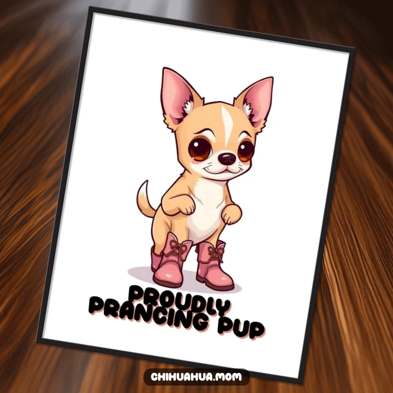 Funny digital art featuring a chihuahua wearing tiny boots, prancing proudly with confidence, perfect for adding whimsical canine charm to decor.