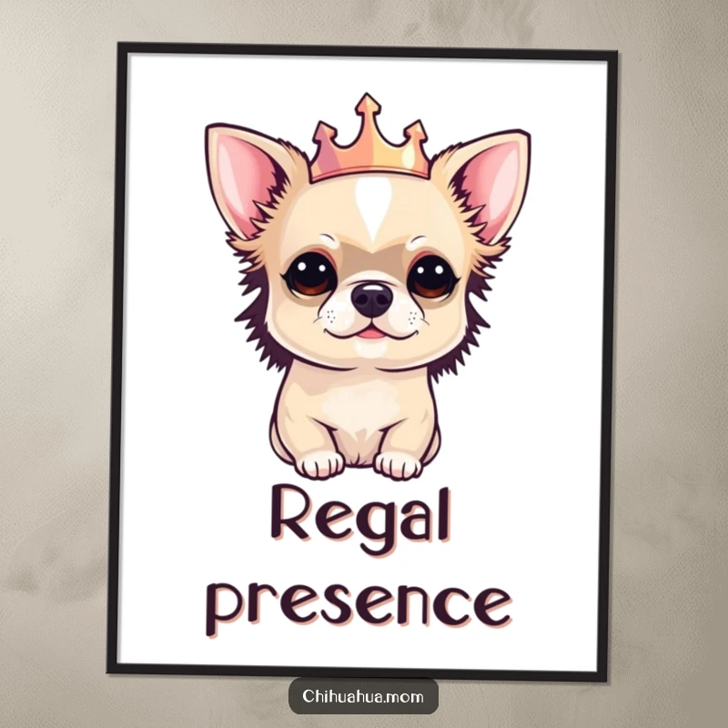 Funny digital art print of a perfectly groomed chihuahua wearing a tiny, sparkling crown, exuding royal charm and elegance.