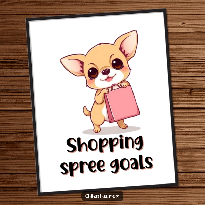 Funny Chihuahua Digital Art: A small dog hilariously attempts to carry a tiny shopping bag, full of shopping ambition and charm.