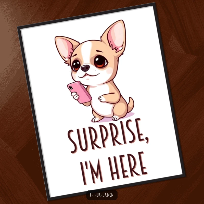 Funny Chihuahua Digital Art: A high-resolution image of a chihuahua holding a miniature phone with a priceless expression of utter surprise.